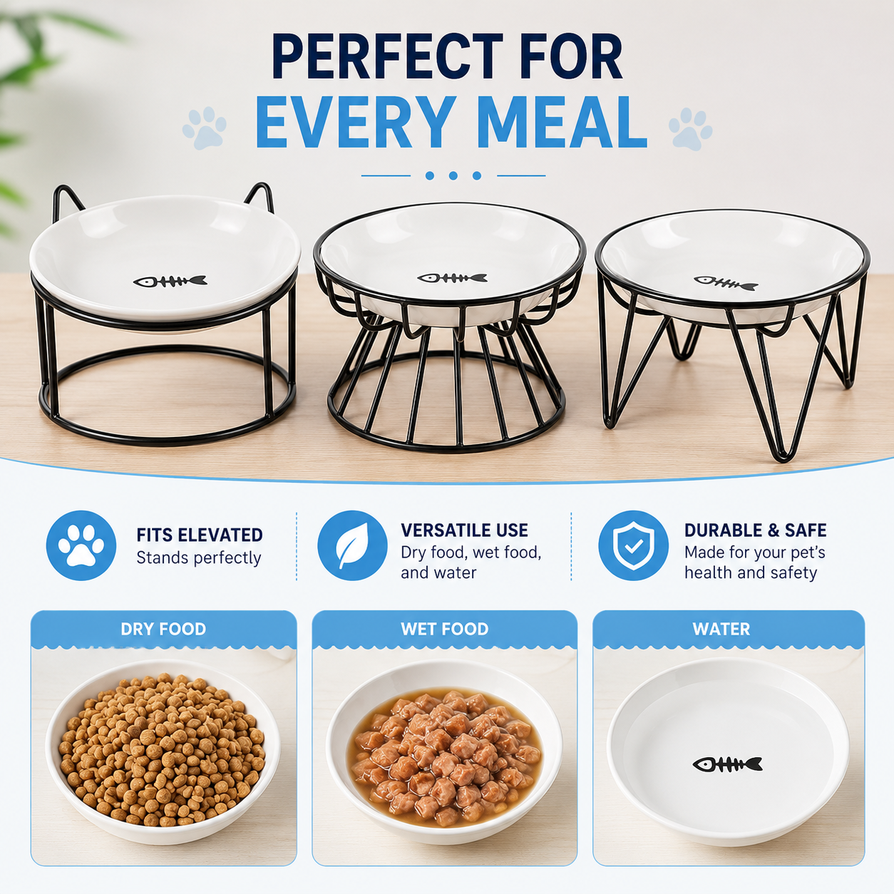 Elevated Ceramic Pet Food Bowl with Iron Stand Non-Slip Feeding Dish - Black & Fish Pattern