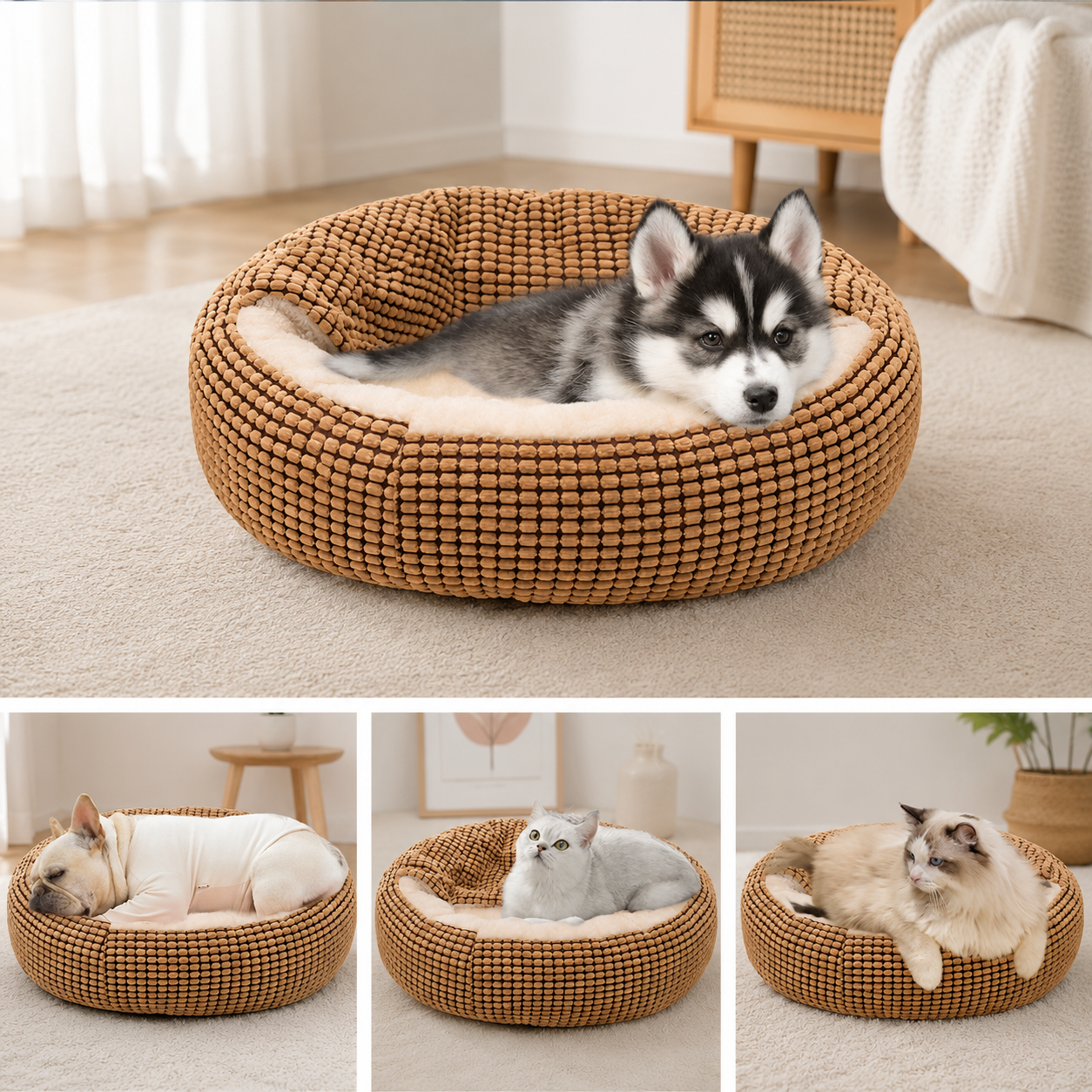 Soft Round Pet Cushion Bed for Cats and Dogs Plush Kennel Mat Multiple Sizes - Brown