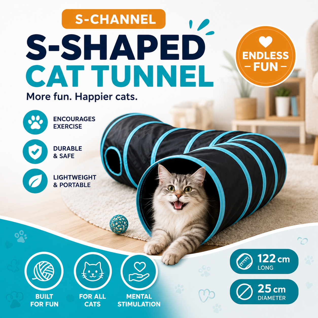 S Shape Cat Tunnel Foldable Interactive Play Tunnel with Peek Hole for Indoor Cats