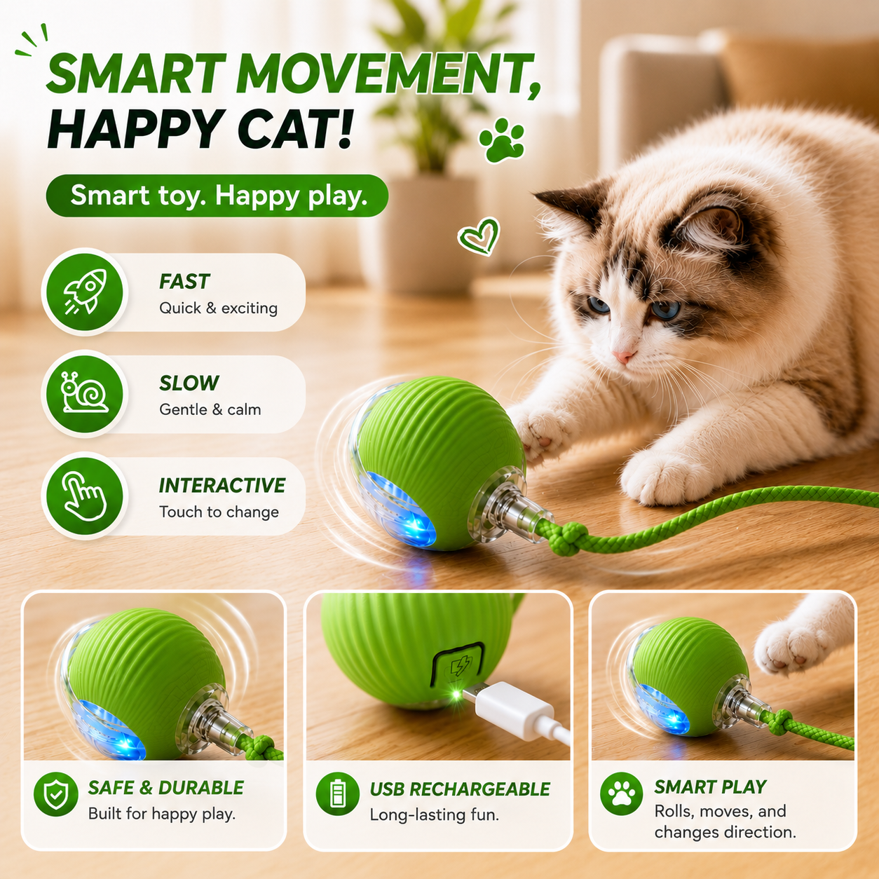 Interactive Automatic Ball with Teaser Stick Cat Toy - Green