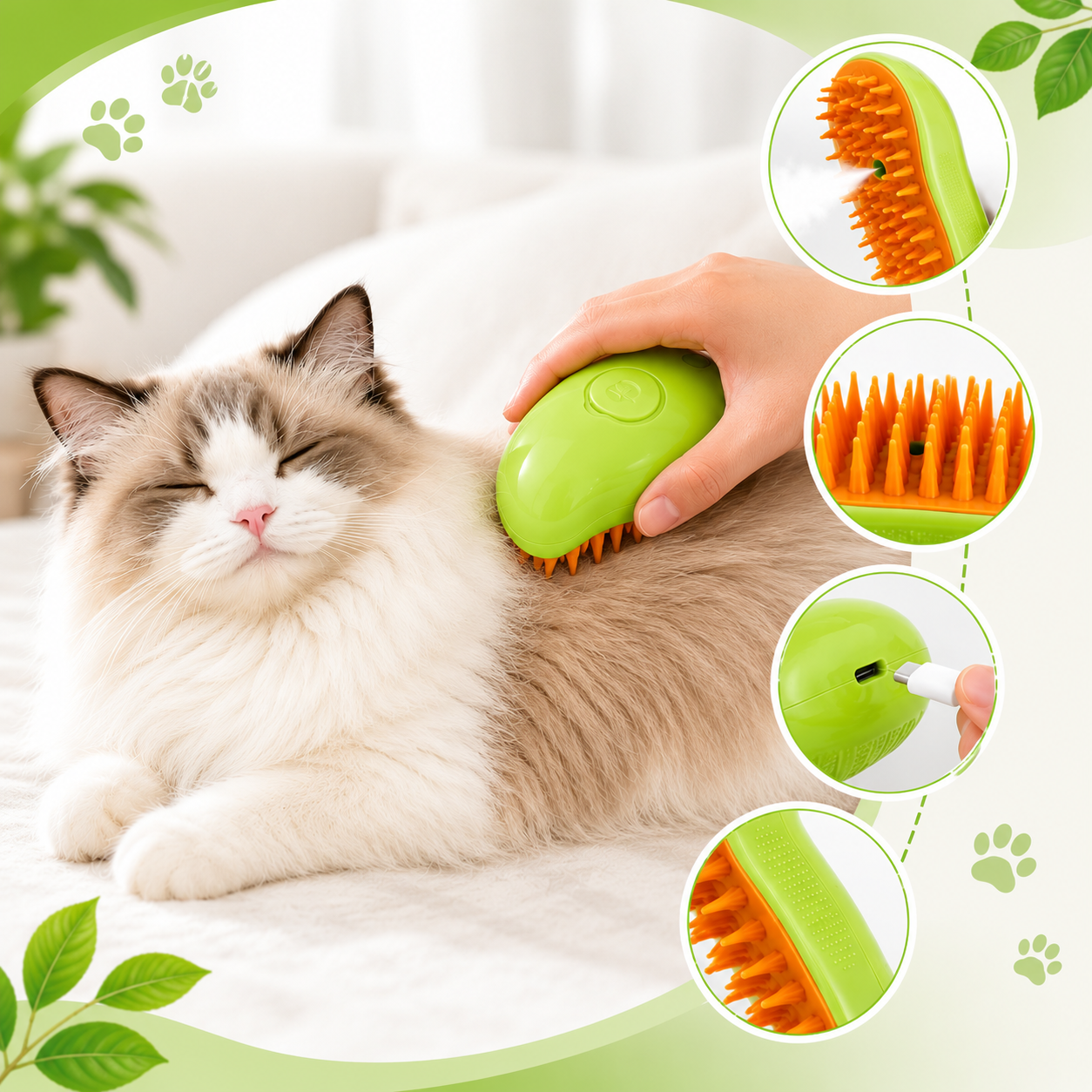 3 in 1 Pet Hair Removal Brush Grooming and Massage Comb for Cats and Dogs - Green