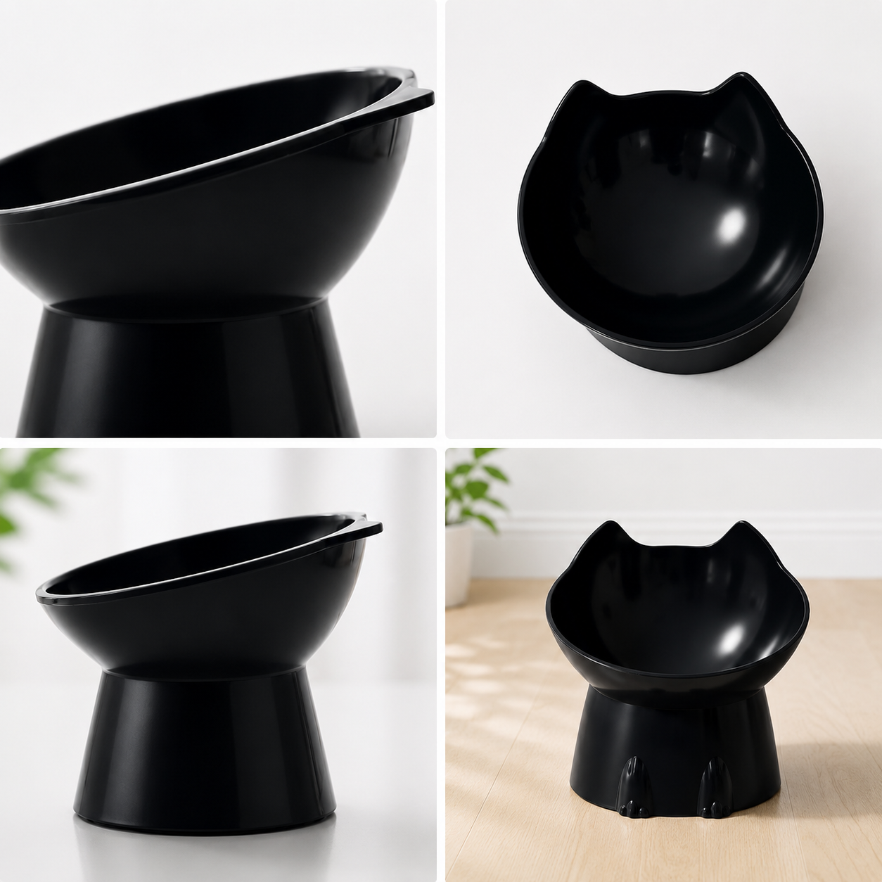 Elevated Pet Food Bowl Anti Tip Cat Feeding Dish with Stable Base - Black