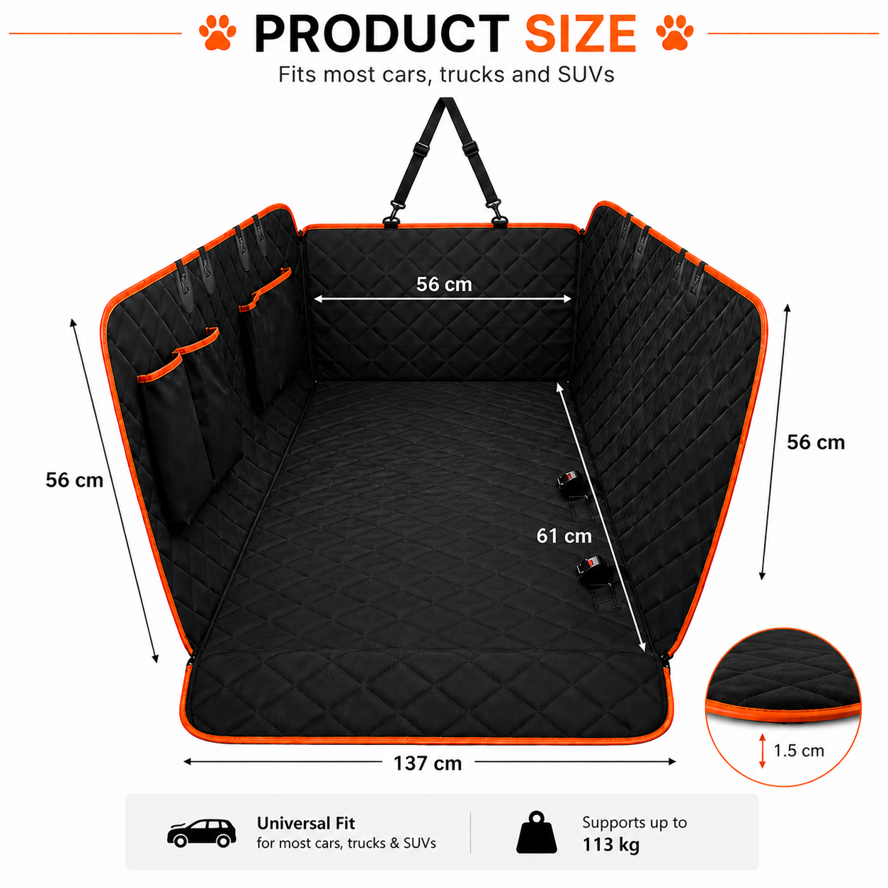 Heavy Duty Dog Car Seat Cover with Waterproof Hammock Style Back Seat Protector - Black