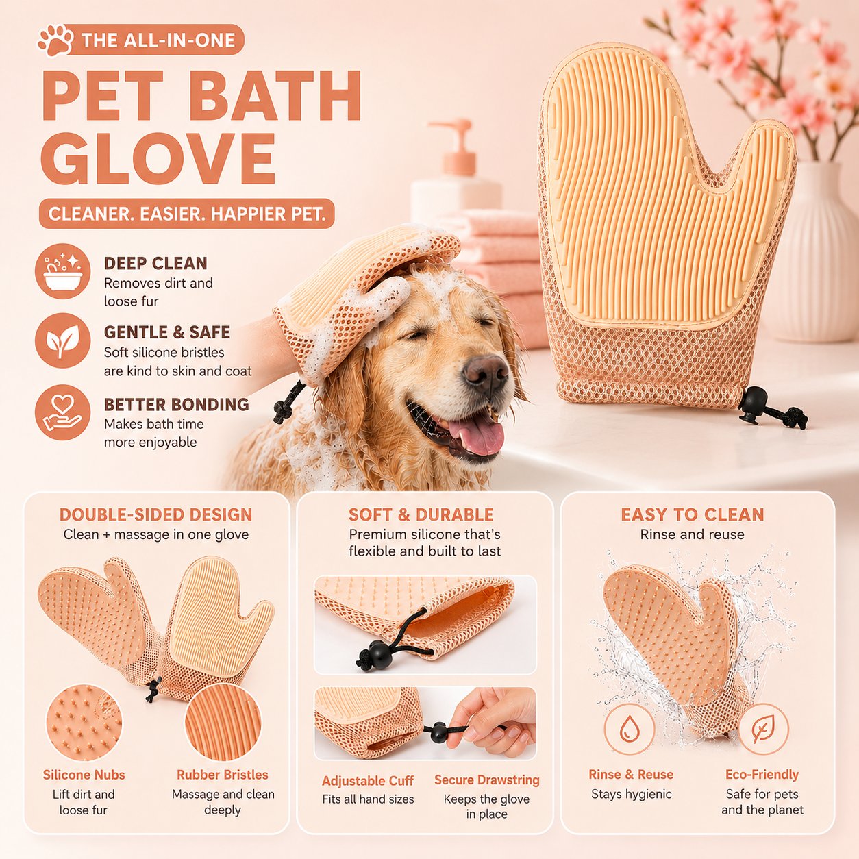 Pet Grooming Glove Double Sided Hair Remover and Massage Brush for Dogs and Cats - Peach Pink