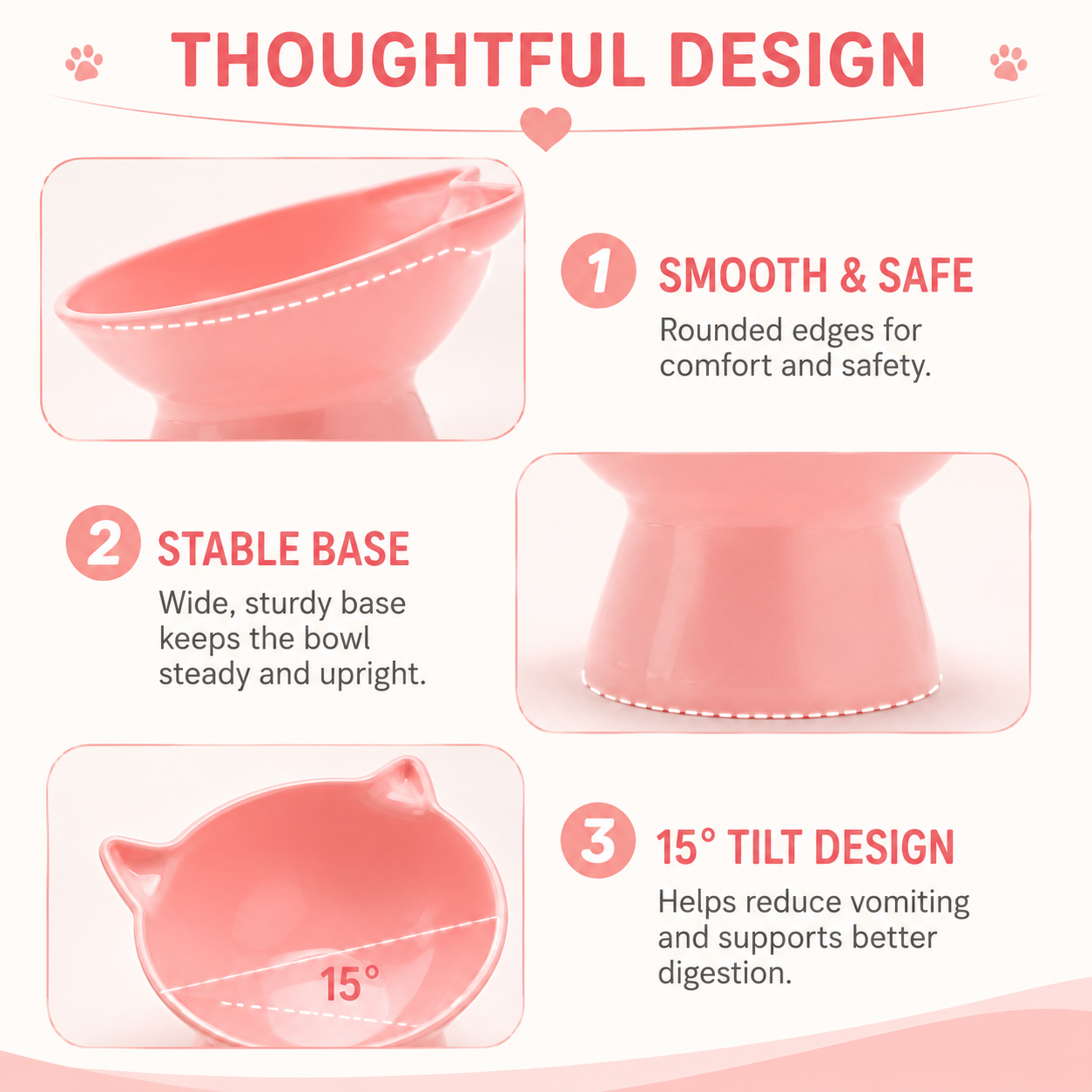 Elevated Cat Feeding Bowl Nordic Double Ear Food and Water Dish for Cats and Small Pets - Pink