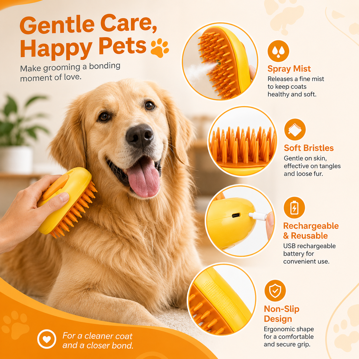 Pet Grooming Brush with Spray and Massage Function Hair Removal Comb for Dogs and Cats - Yellow