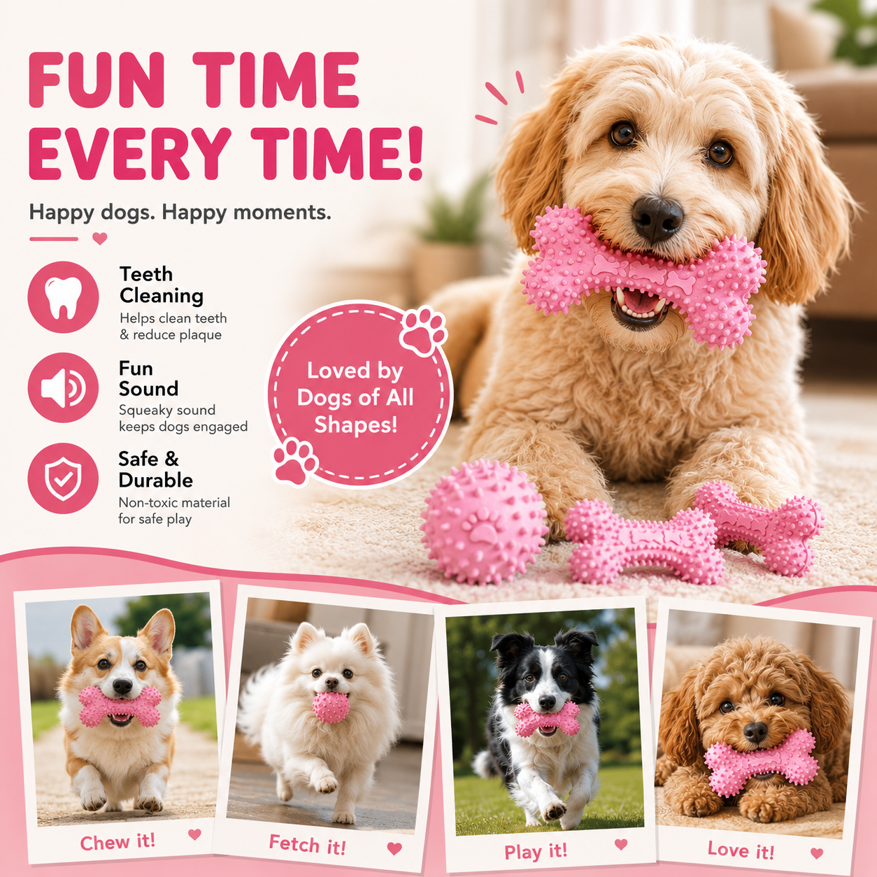 6 PCS Rubber Chew and Play Toys  - Pink Set