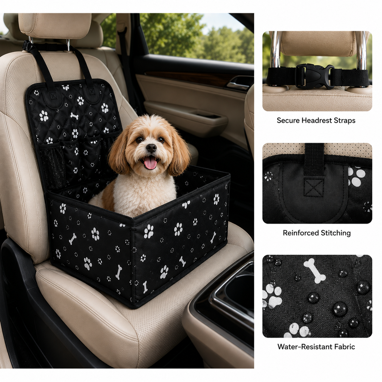 Pet Car Seat with Storage Pockets for Small and Medium Dogs