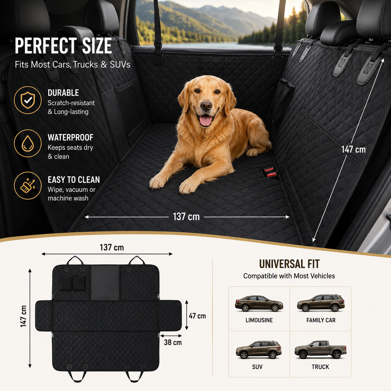 Waterproof Pet Rear Seat Cover Hammock with Mesh Window 137x147cm