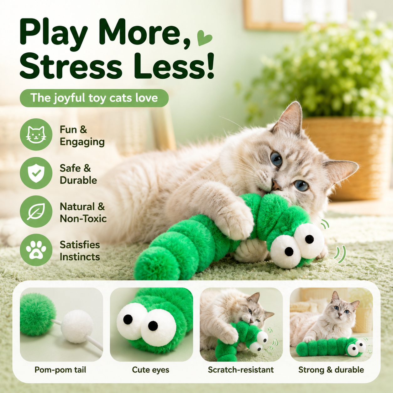 Green Worm Plush Cat Toy