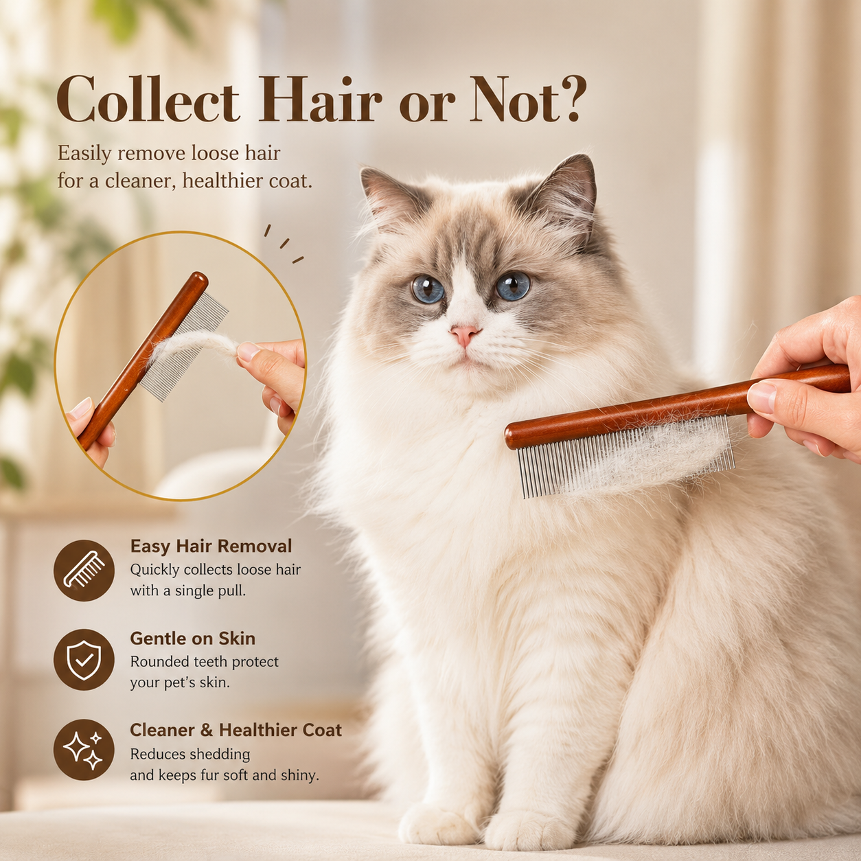Cat Comb Cat Accessories Stainless Steel Pet Hair Remover Wooden Handle Solid Cat Hair Comb Pet Grooming Dog Brush Cleaning Tool - 20 cm x 4