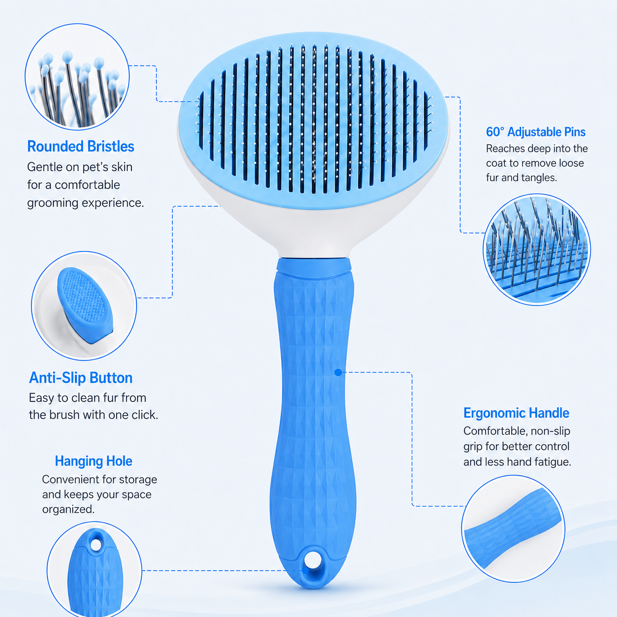 Self-Cleaning Pet Grooming Brush for Dogs and Cats - Blue