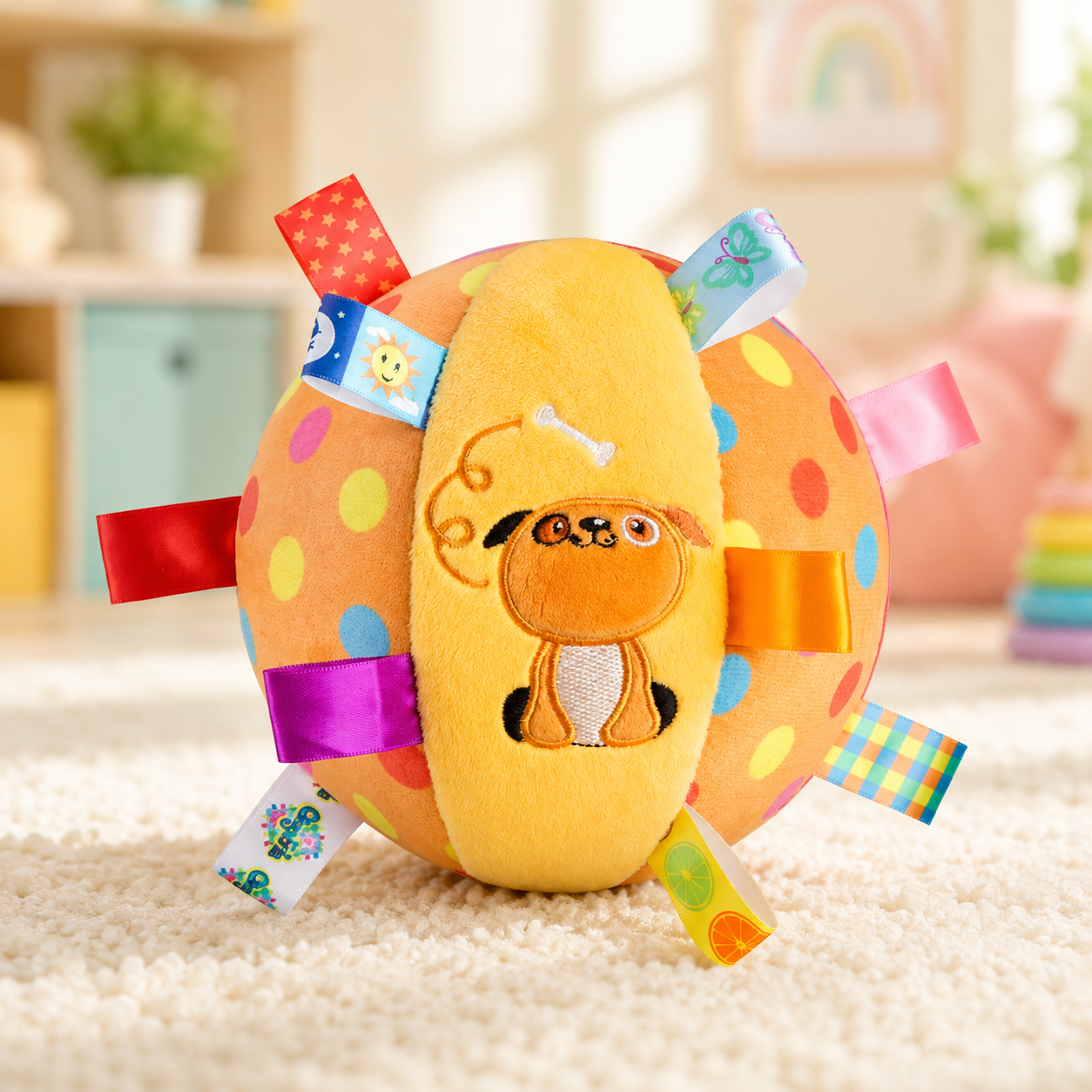 Interactive Plush Dog Ball Toy with Handle and Bell for Indoor and Outdoor Play