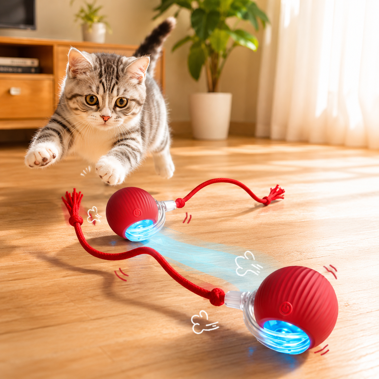 Interactive Automatic Cat Ball Toy with Teaser Stick - Red