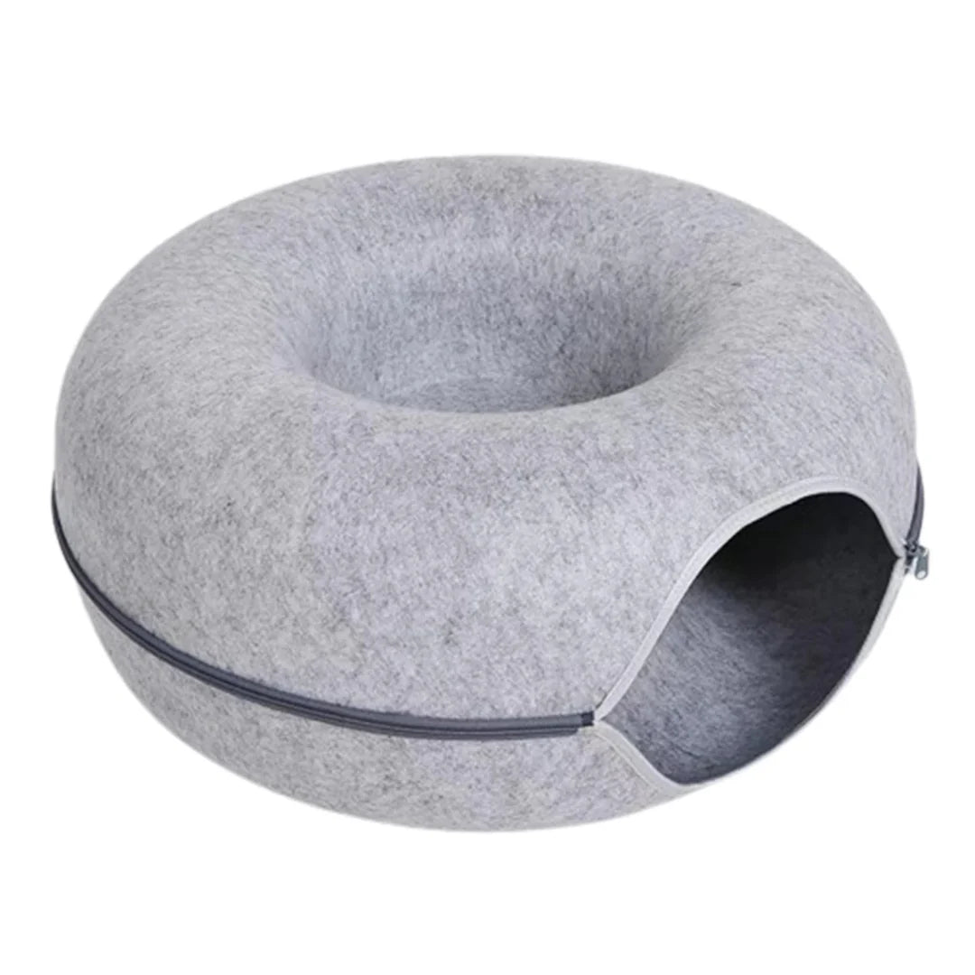 Round Felt Cat Tunnel Bed Donut Nest Cat House with Scratcher Design for Cats - Light Grey