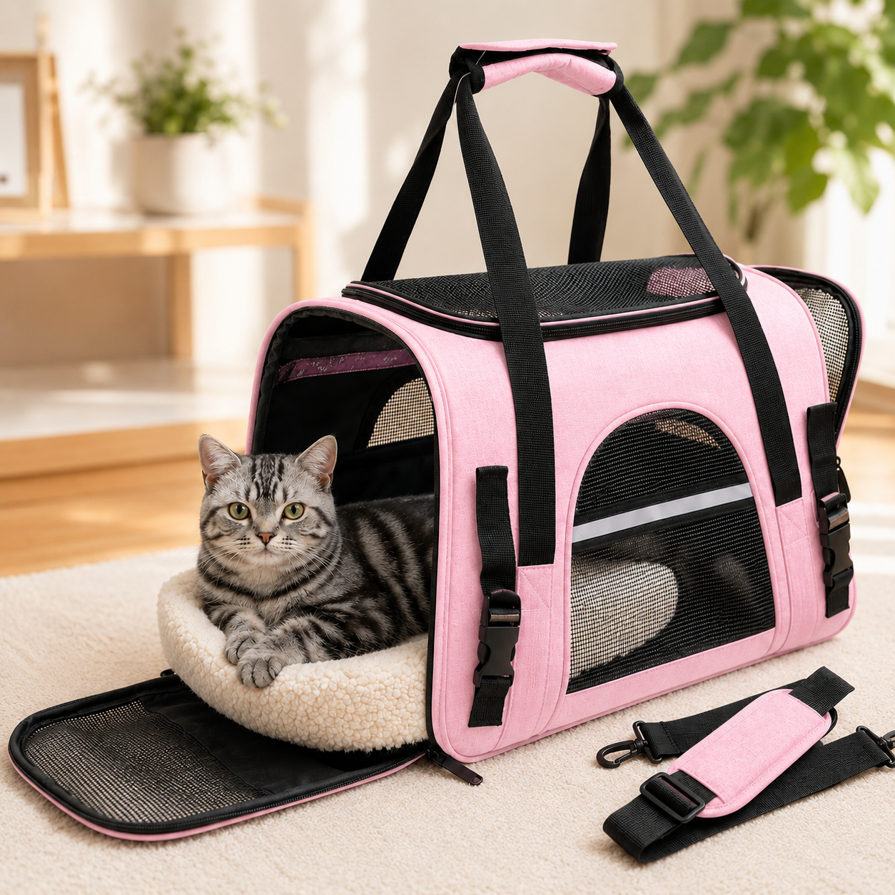 Soft Pet Carrier Bag for Cats and Dogs with Travel Mat Foldable Portable Design - Pink