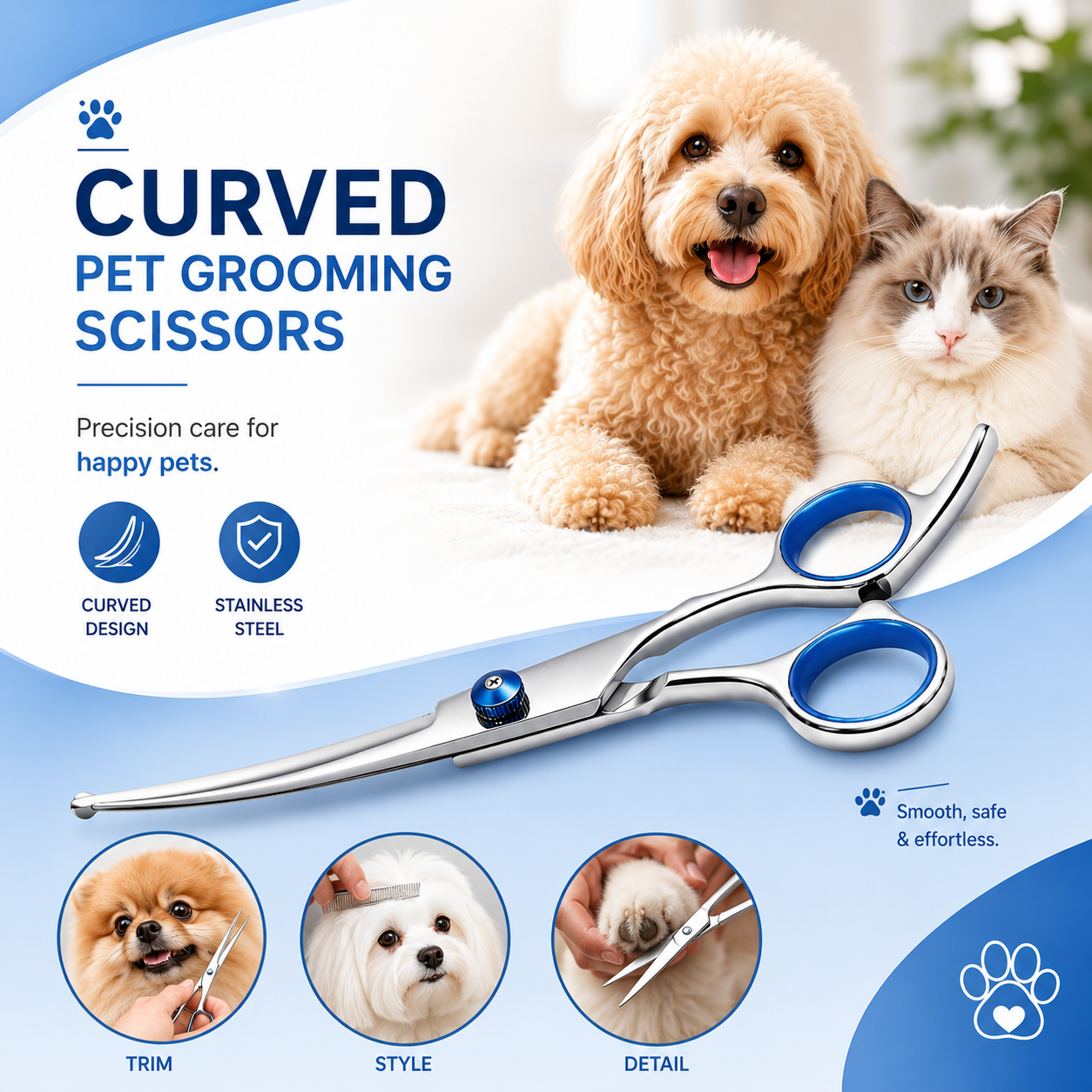 7-Inch Pet Grooming Curved Scissors with Rounded Safety Tips and Stainless Steel Blades - Down Curved Scissors