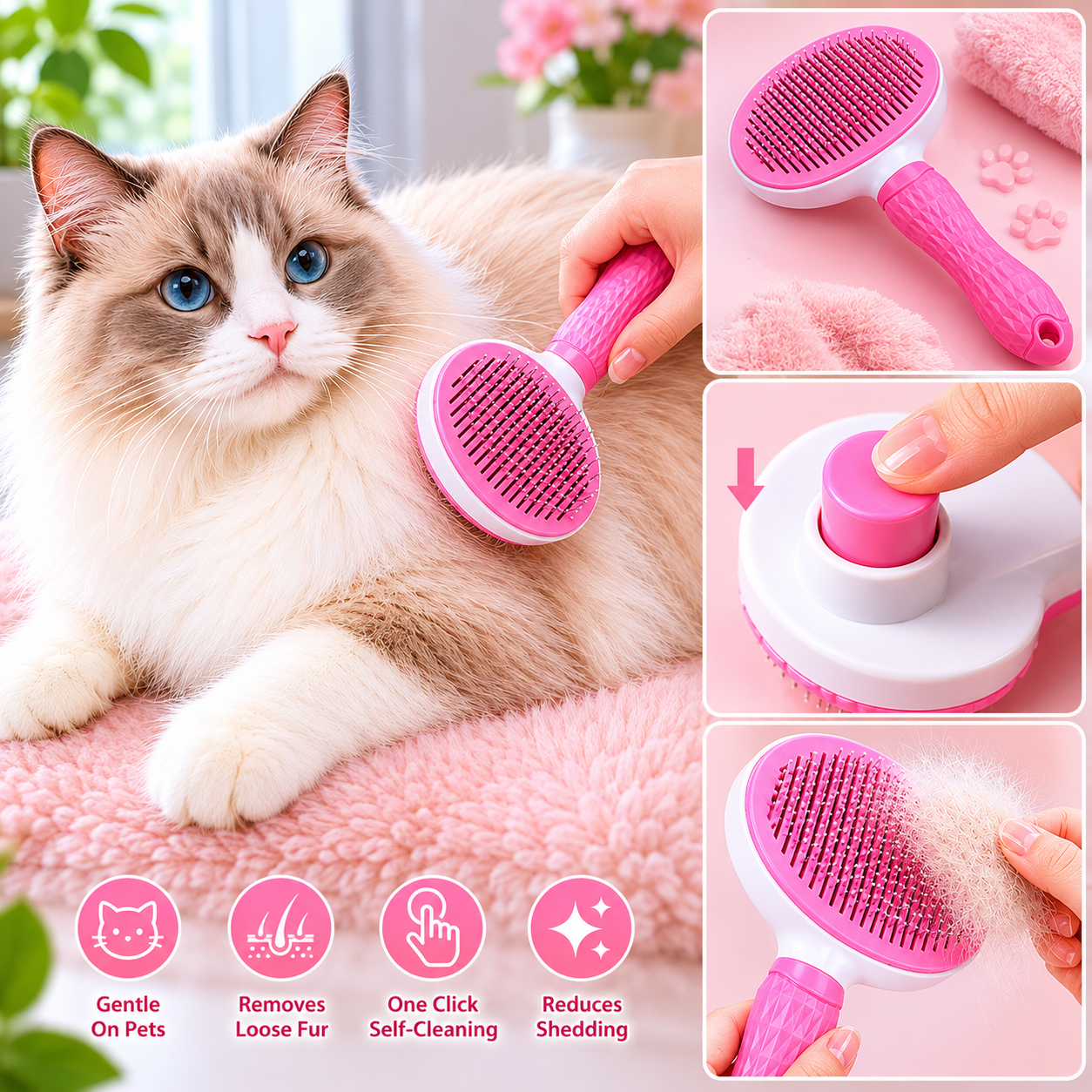 Pet Hair Removal Grooming Brush Self-Cleaning Slicker Comb for Dogs and Cats - Pink