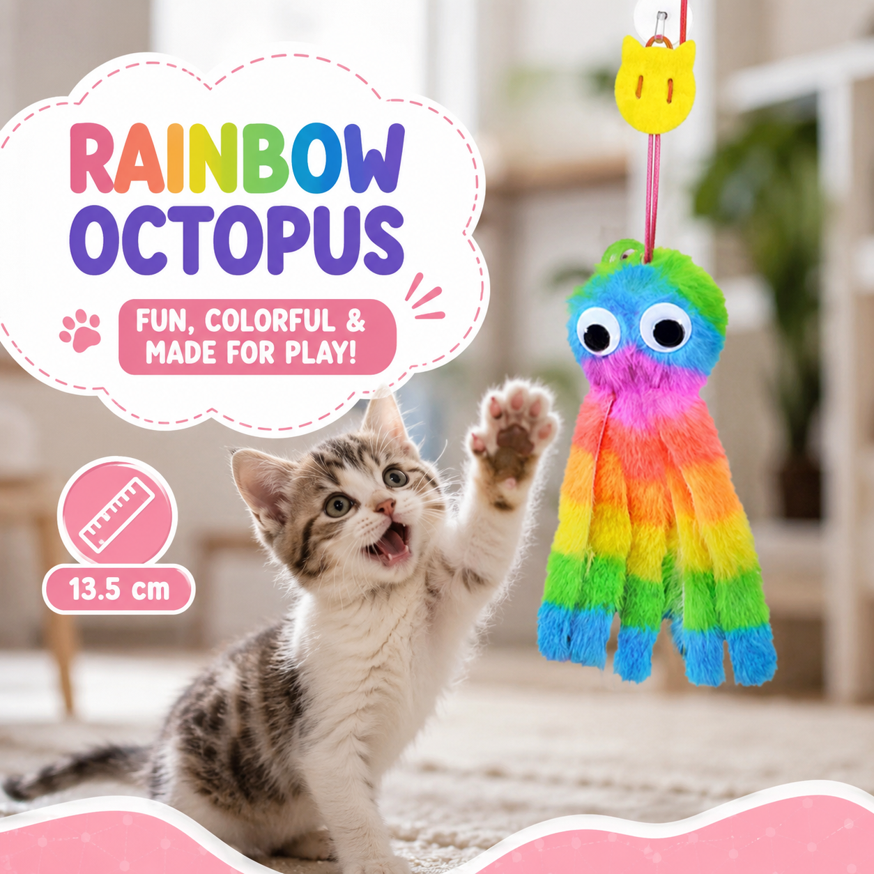 Rainbow Hanging Octopus Plush Interactive Kitten Toy with Elastic Cord