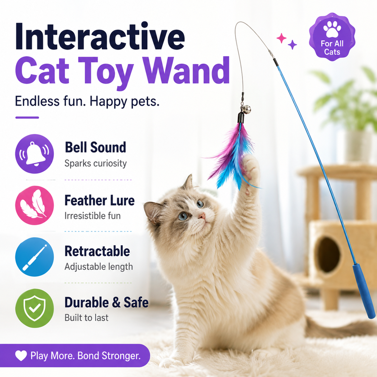 Cat Feather Toy Refill Set 11 PCS Interactive Teaser Attachments with Retractable Wand