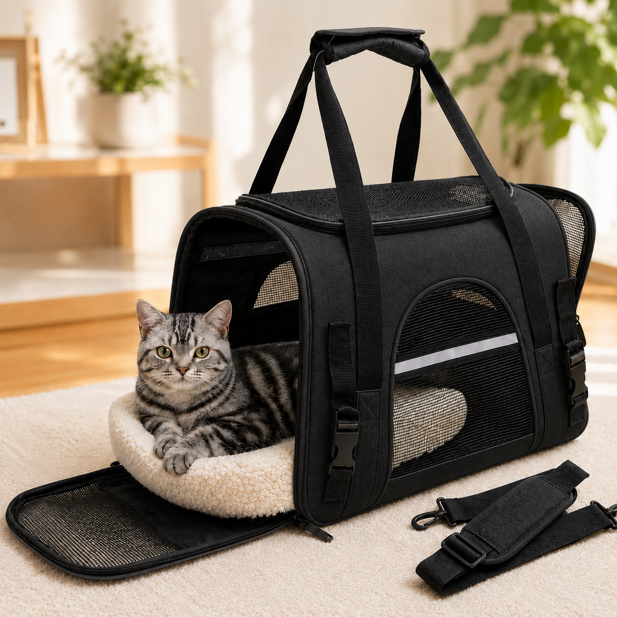 Black Portable Soft Sided Pet Carrier for Cats Dogs and Kittens with Removable Mat