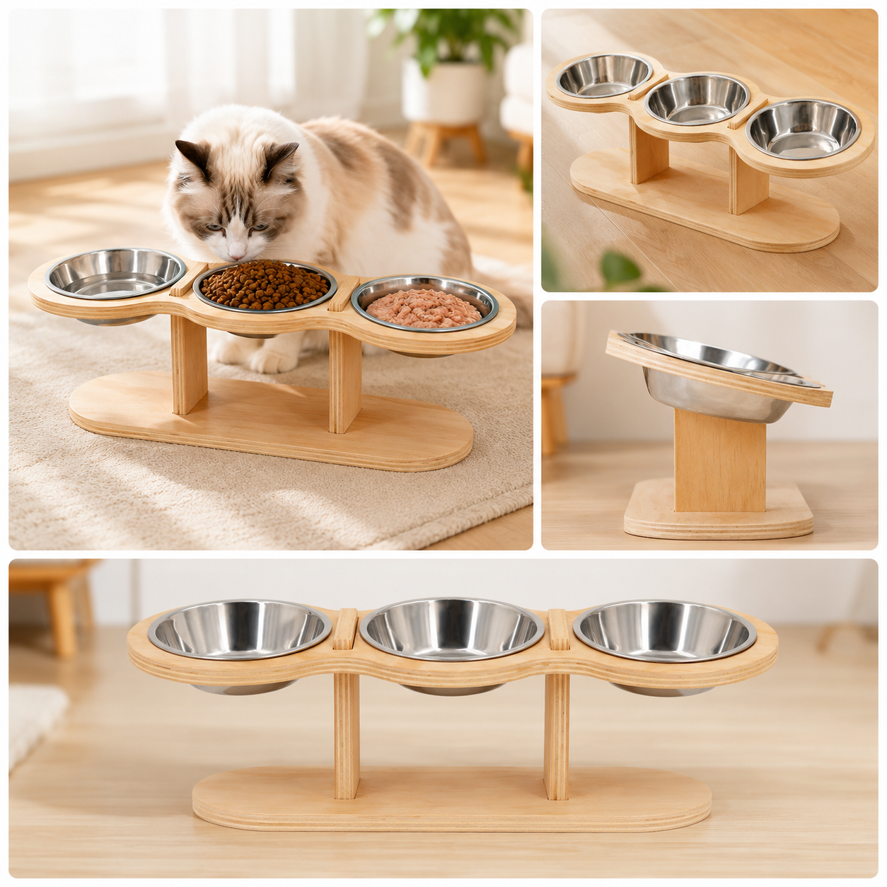 3 Bowl Elevated Cat Feeder Wooden Stand with Stainless Steel Food and Water Bowls