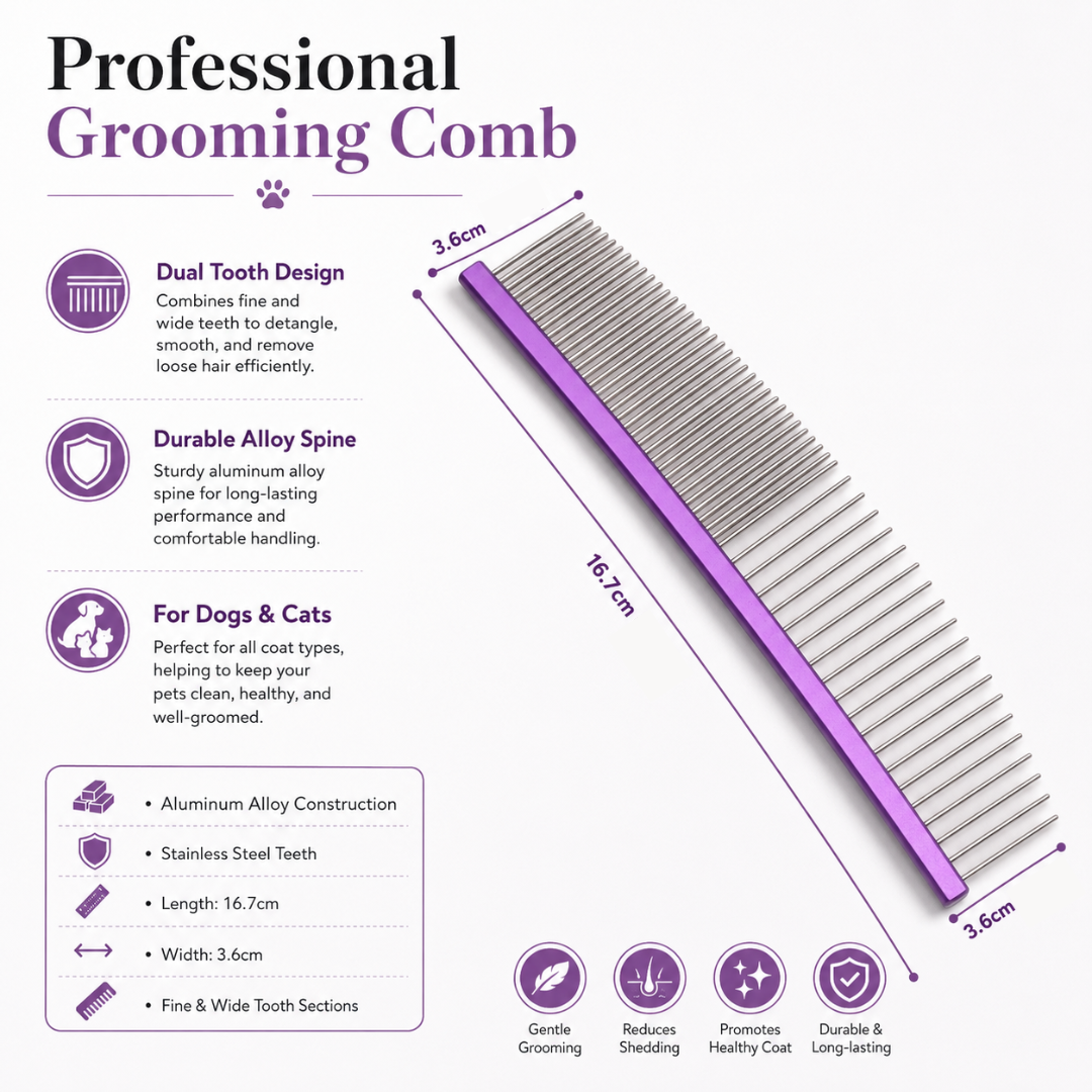 Professional Pet Grooming Comb with Aluminum Alloy Handle and Stainless Steel Teeth - Purple