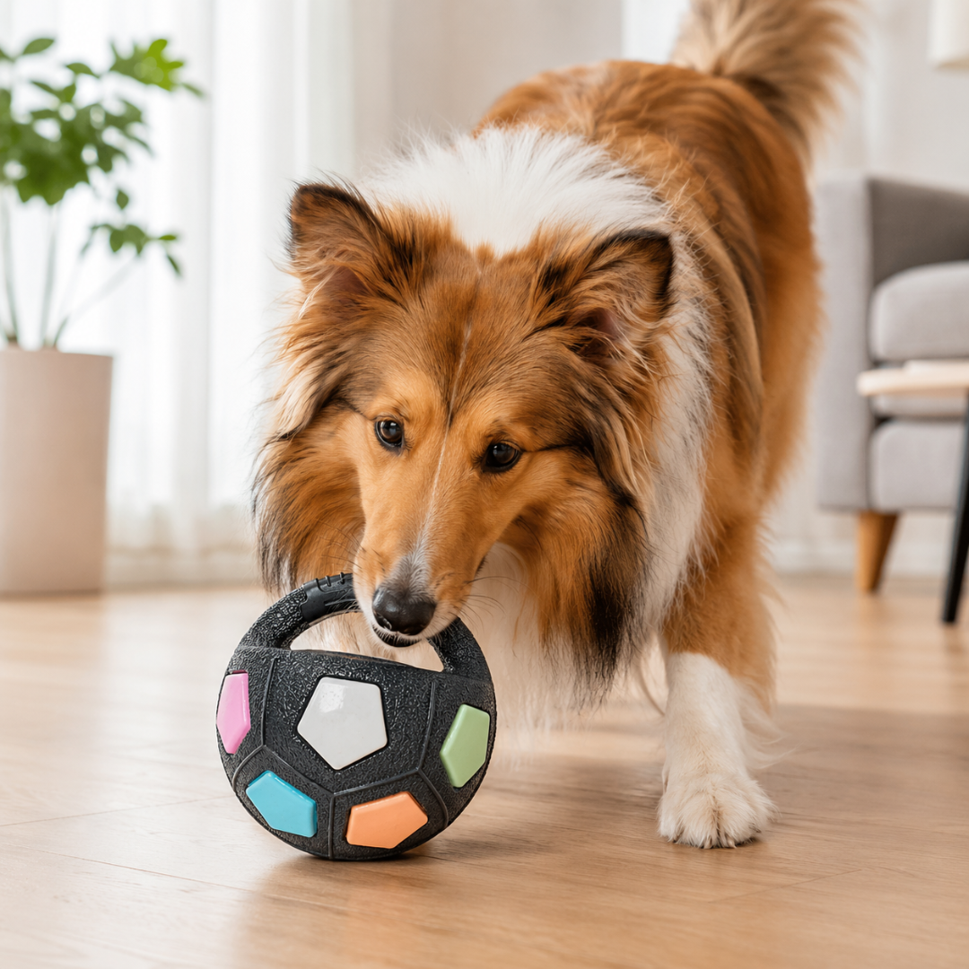 Interactive Soccer Ball Dog Toy with Handle Durable Throw and Fetch Toy - Black