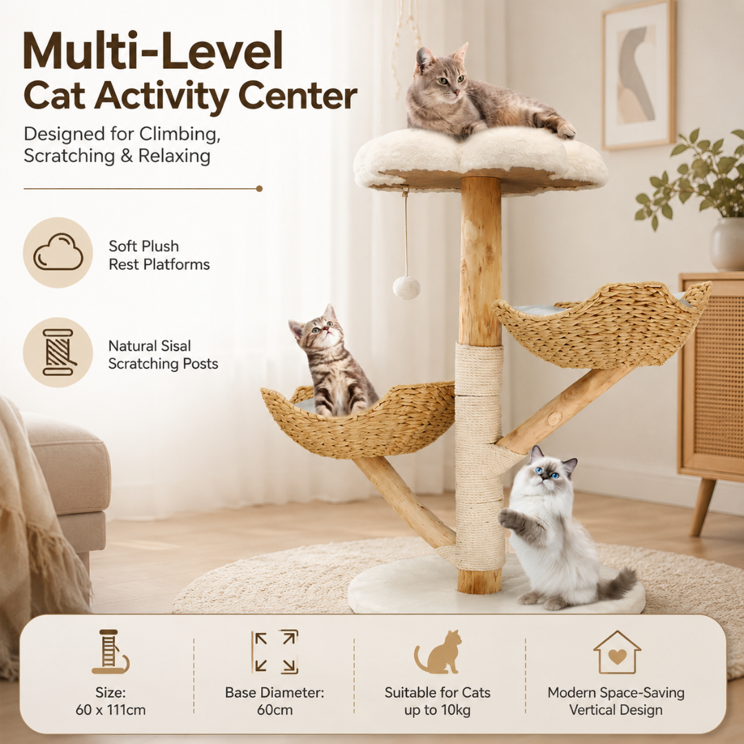 Modern Wooden Cat Tree Activity Center with Scratching Area and Elevated Rest Platforms