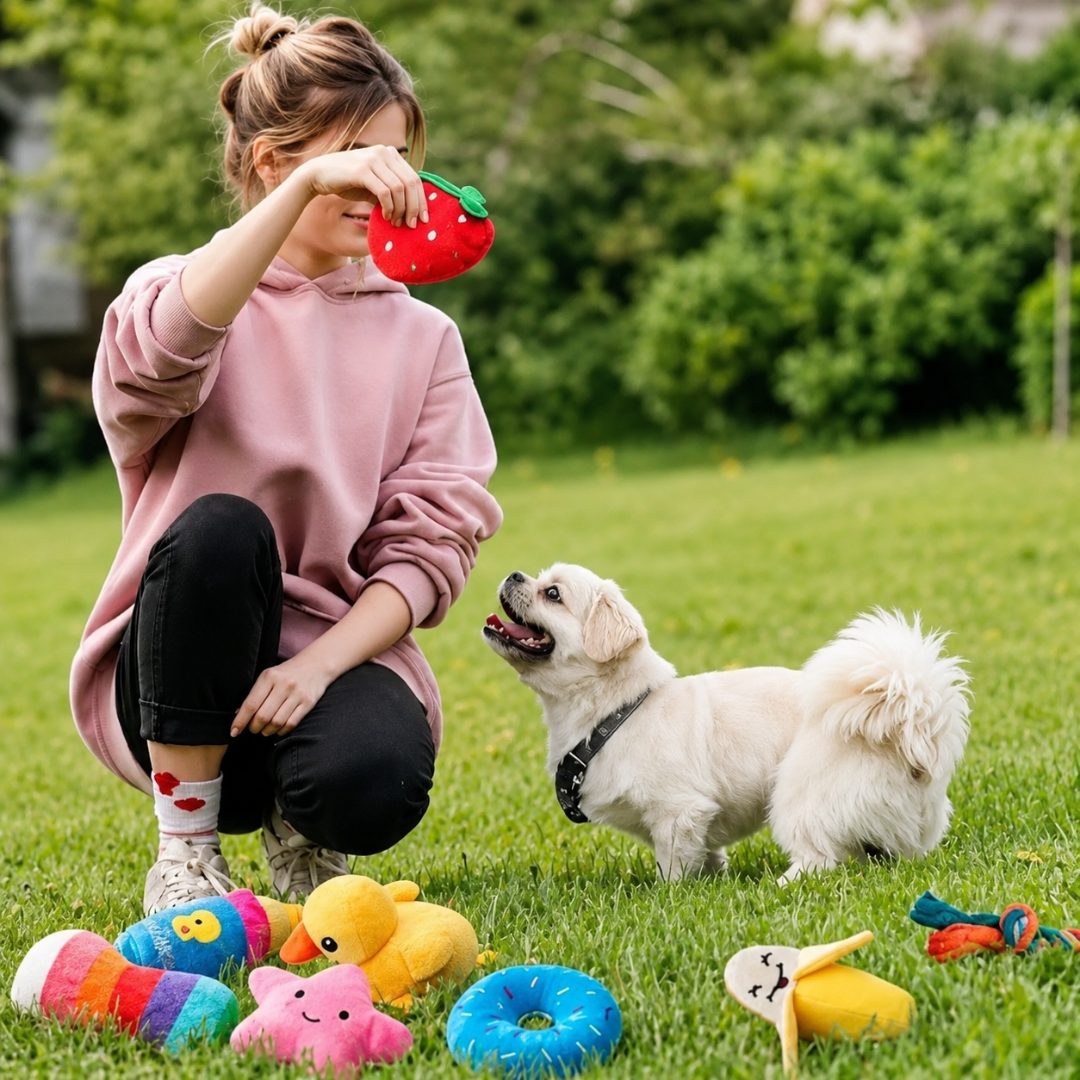 7-Piece Plush Puppy Toy Set with Squeaky Fruit and Vegetable Designs