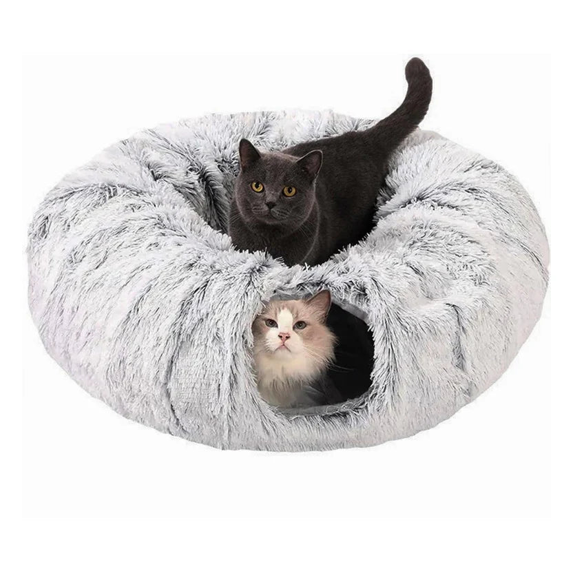 Plush Cat Tunnel Bed 2-in-1 Foldable Round Pet Nest for Indoor Cats - Light Grey