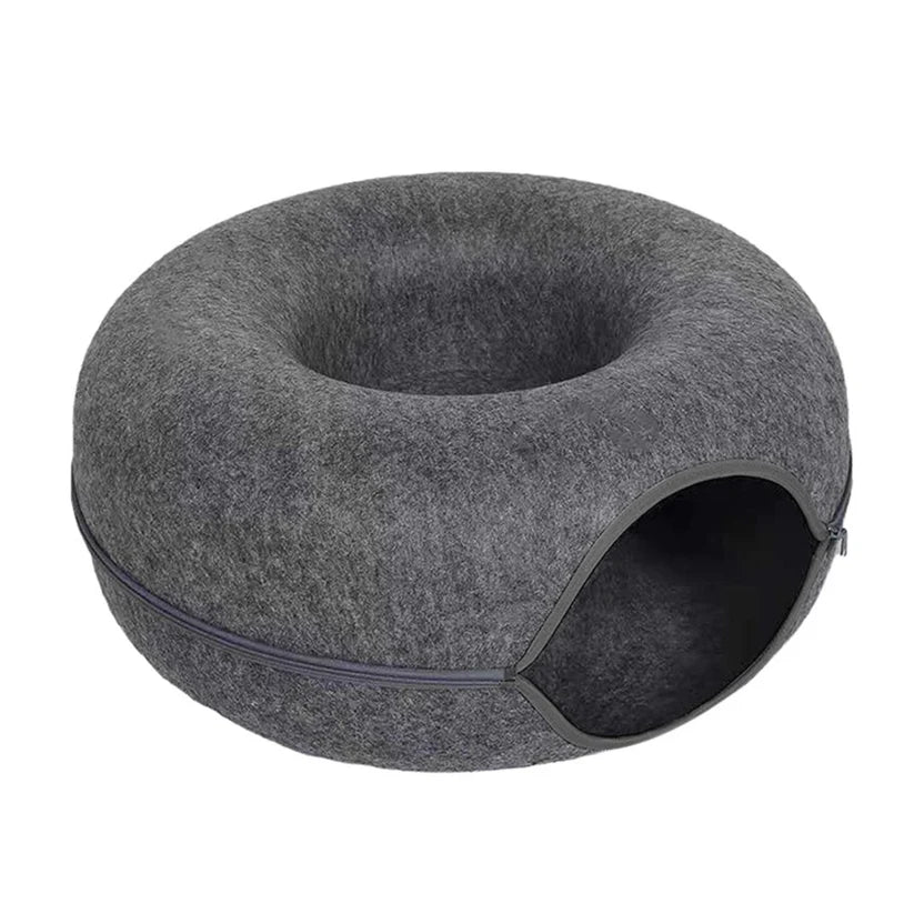 Round Felt Cat Tunnel Bed Donut Nest Cat House with Zipper Design for Cats - Dark Grey