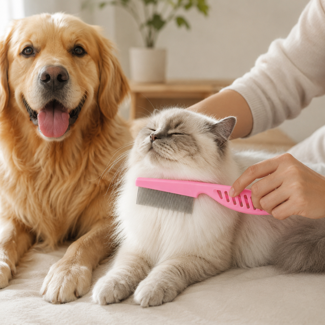Pet Flea and Grooming Comb Stainless Steel Hair Shedding Brush for Dogs and Cats - Pink