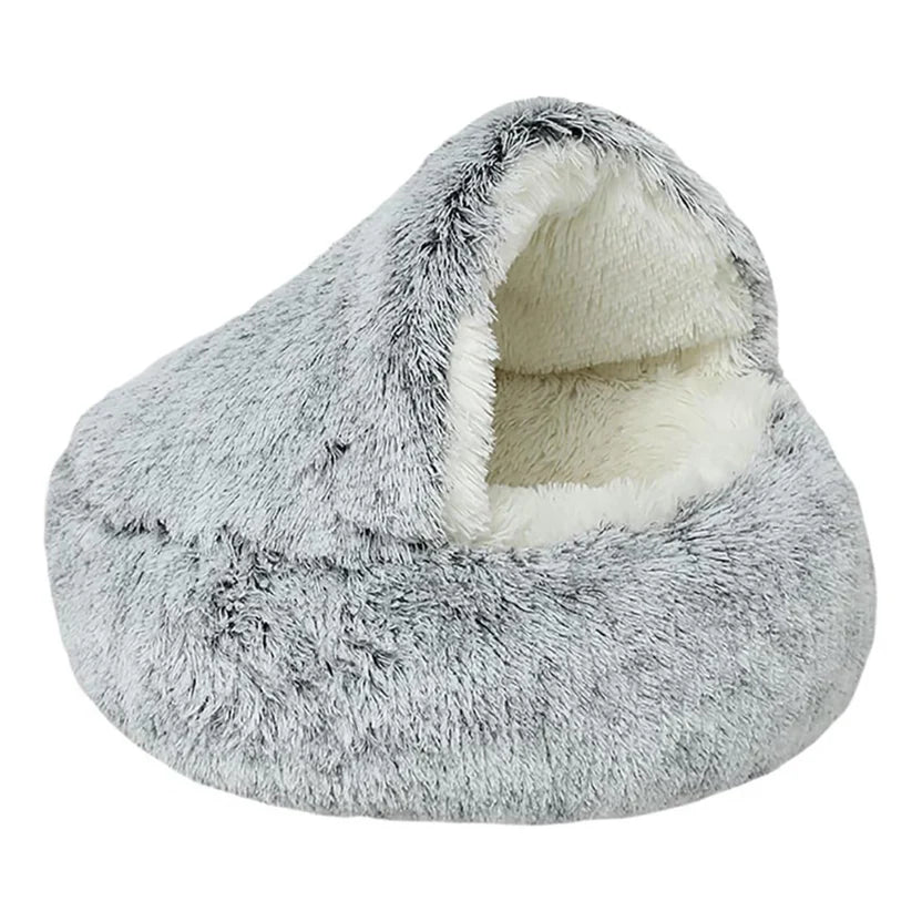 Round Plush Pet Bed 2-in-1 Covered Cat Nest Soft Cushion for Cats and Small Dogs - Grey
