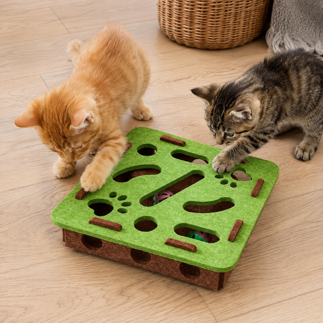Interactive Felt Cat Puzzle Box Toy with Bell Ball and Maze Play Design - Square Green