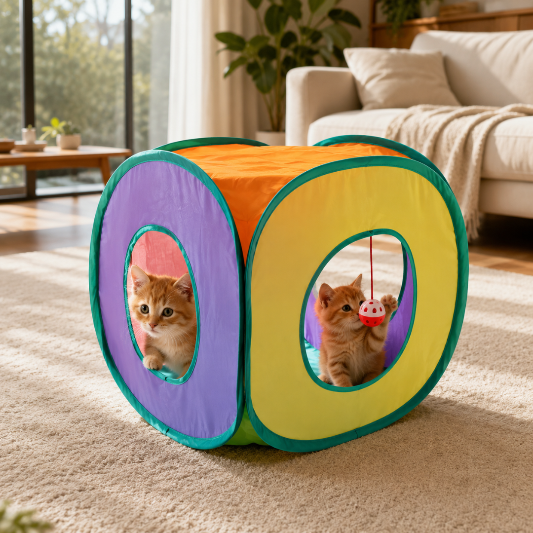 Multi-Entry Collapsible Cat Tunnel Toy with Hanging Ball and Foldable Design
