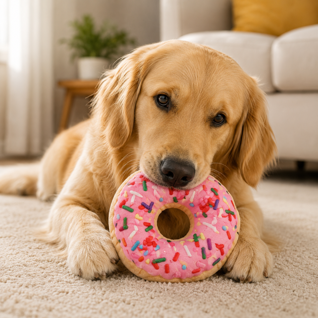 Interactive Plush Donut Dog Chew Toy Squeaky Play Toy for Small to Large Dogs