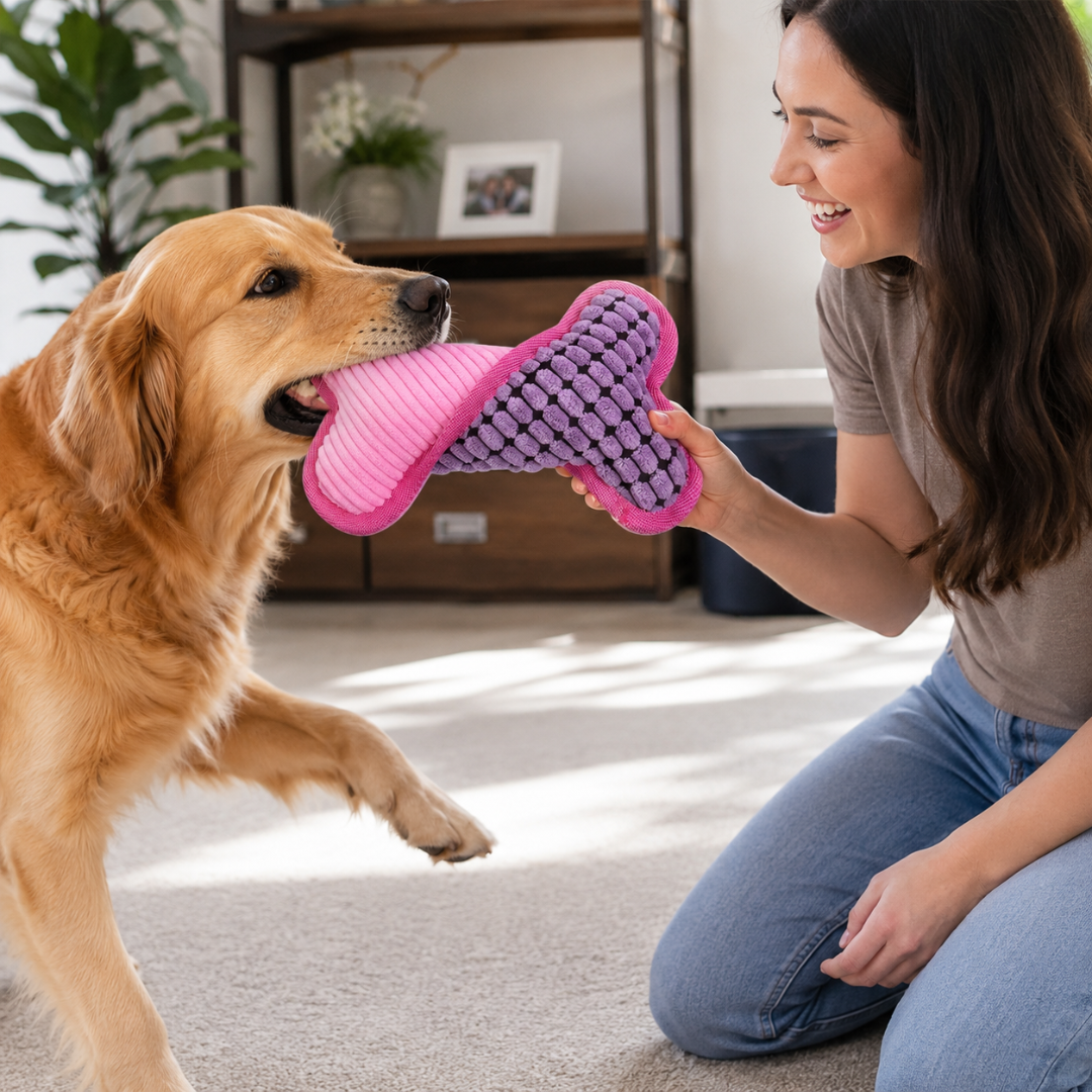 Soft Plush Bone Squeaky Dog Toy Interactive Chew Toy for Small Medium and Large Dogs