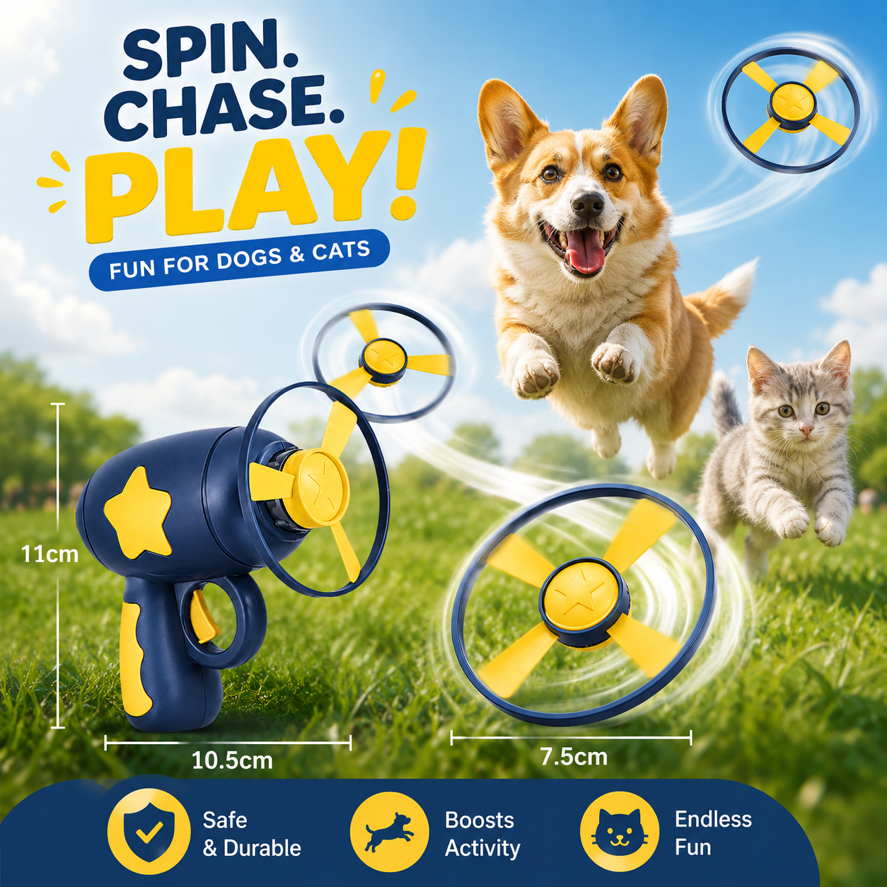 Interactive Flying Disc Cat Toy Launcher with 5 Mini Flying Discs Pet Chasing Game for Cats - Dark Blue