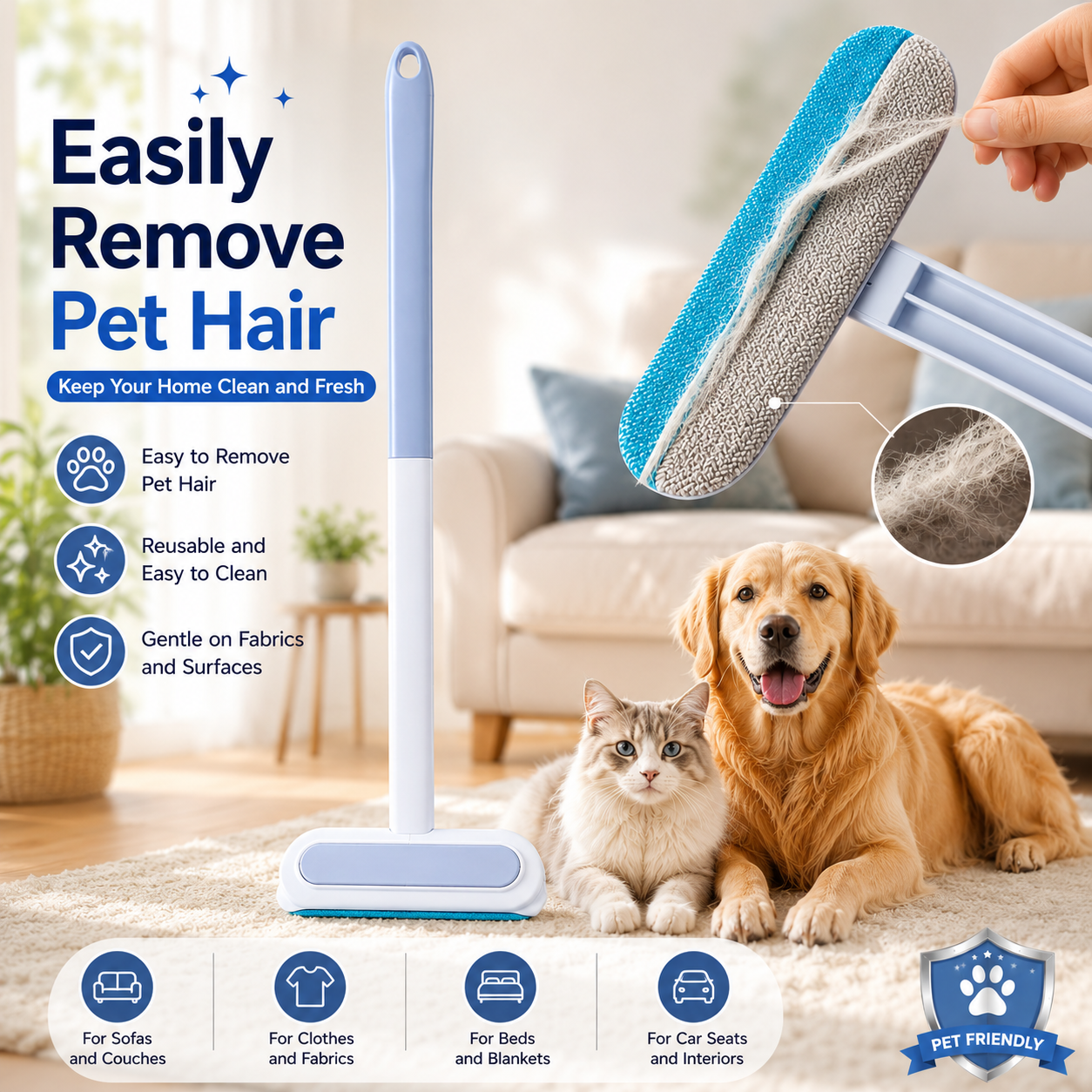 3 in 1 Pet Hair Remover Brush with Long Handle Reusable Fur Lint Cleaner for Sofa Carpet and Windows