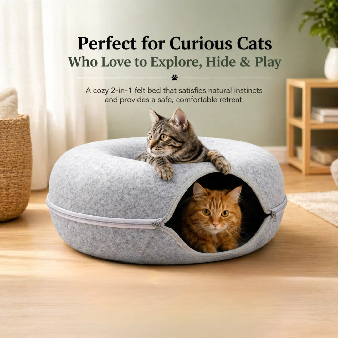 Round Felt Cat Tunnel Bed Donut Nest Cat House with Scratcher Design for Cats - Light Grey