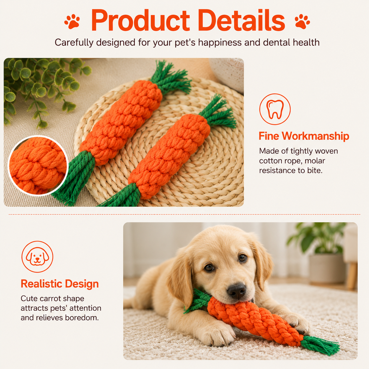 Carrot Cotton Rope Dog Chew Toy for Puppies and Small Dogs