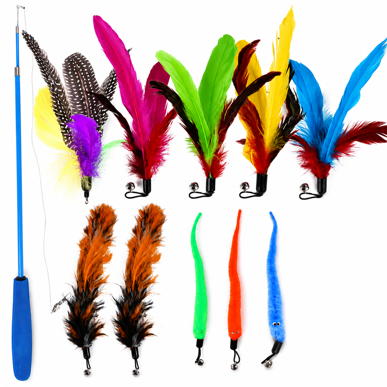 Cat Feather Toy Refill Set 11 PCS Interactive Teaser Attachments with Retractable Wand