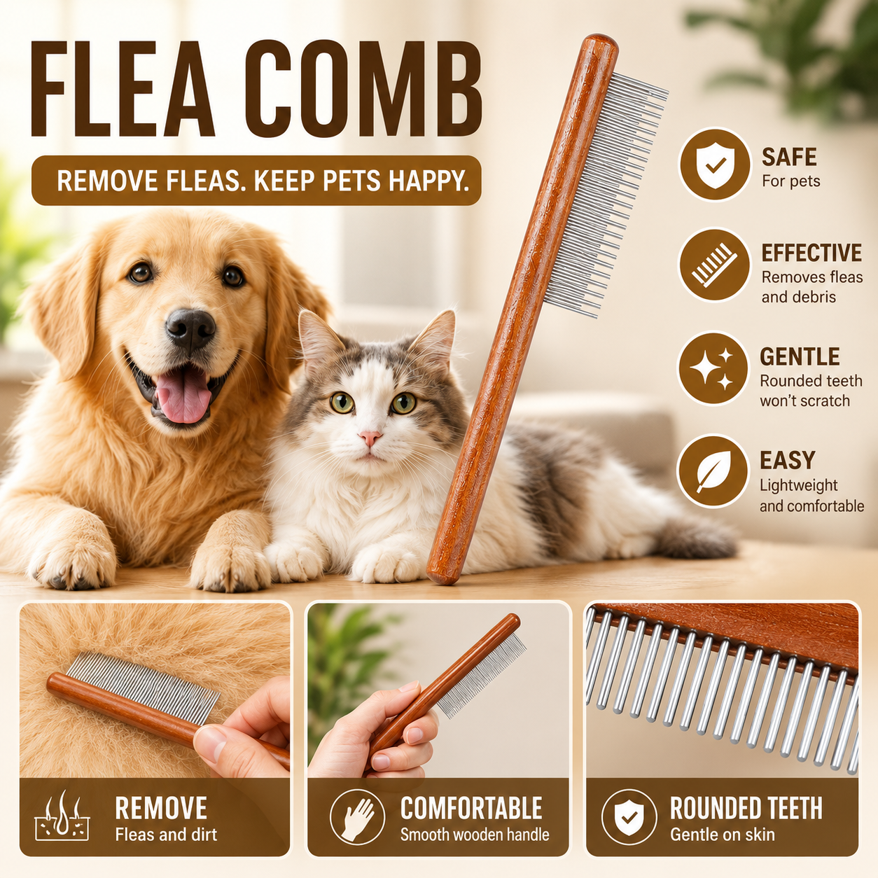 Cat Comb Cat Accessories Stainless Steel Pet Hair Remover Wooden Handle Solid Cat Hair Comb Pet Grooming Dog Brush Cleaning Tool - 20 cm x 4
