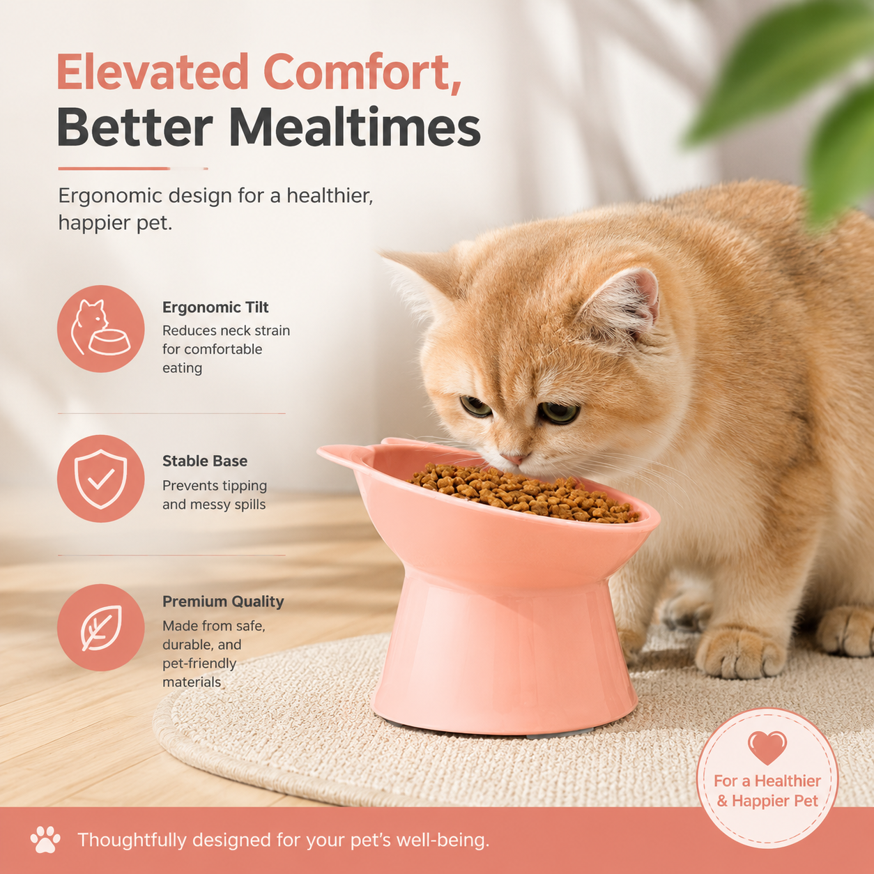 Elevated Cat Feeding Bowl Nordic Double Ear Food and Water Dish for Cats and Small Pets - Pink