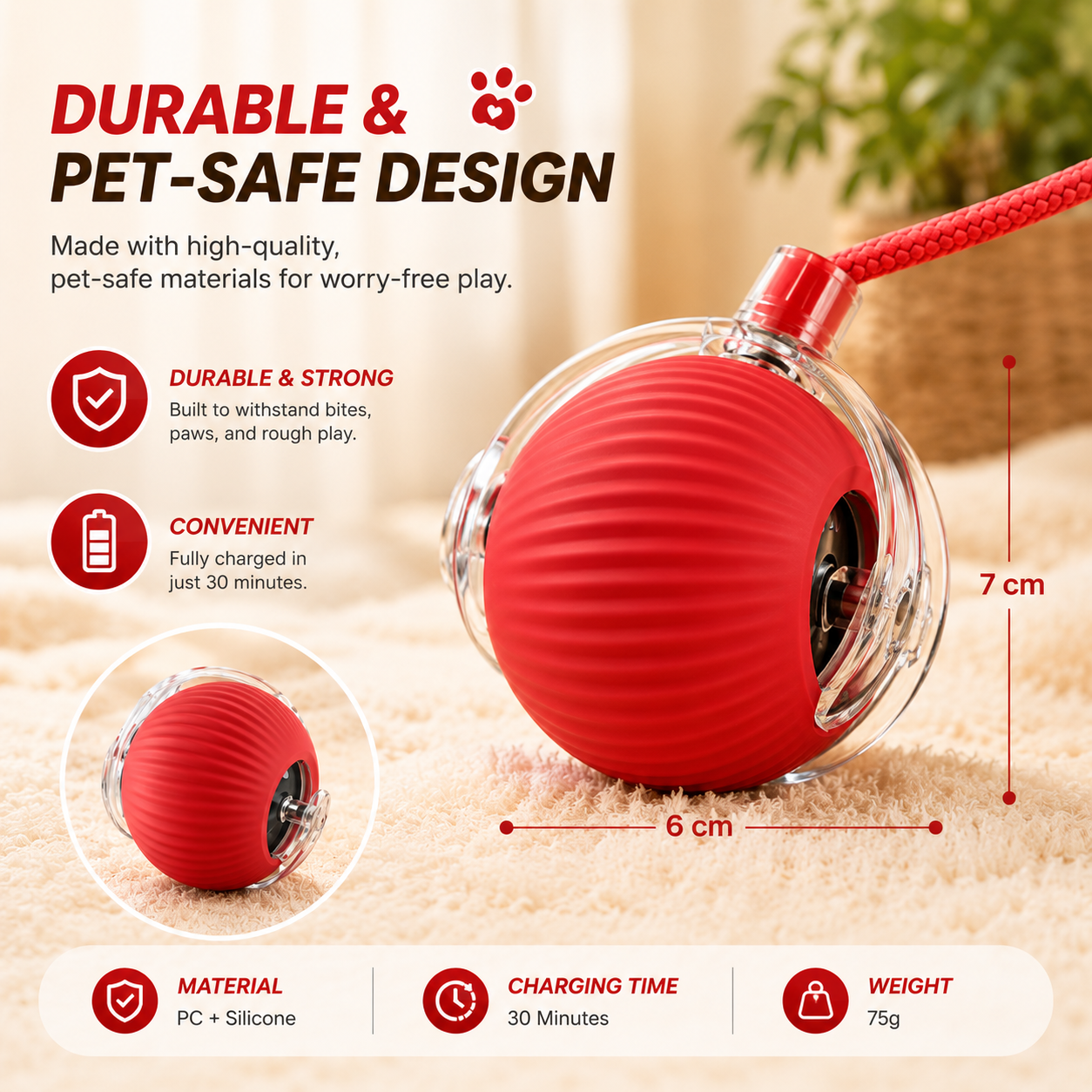 Interactive Automatic Cat Ball Toy with Teaser Stick - Red