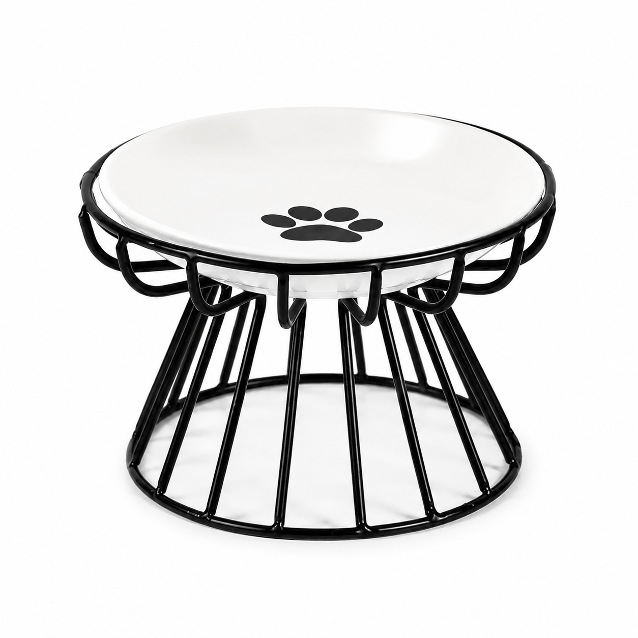 Elevated Ceramic Pet Food and Water Bowl with Iron Stand - Black & Paw Pattern