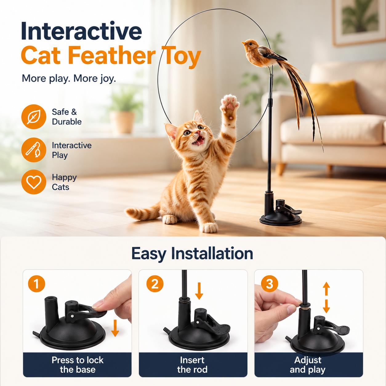 Simulated Bird Cat Toy with Suction Cup Interactive Feather Teaser Wand for Cats