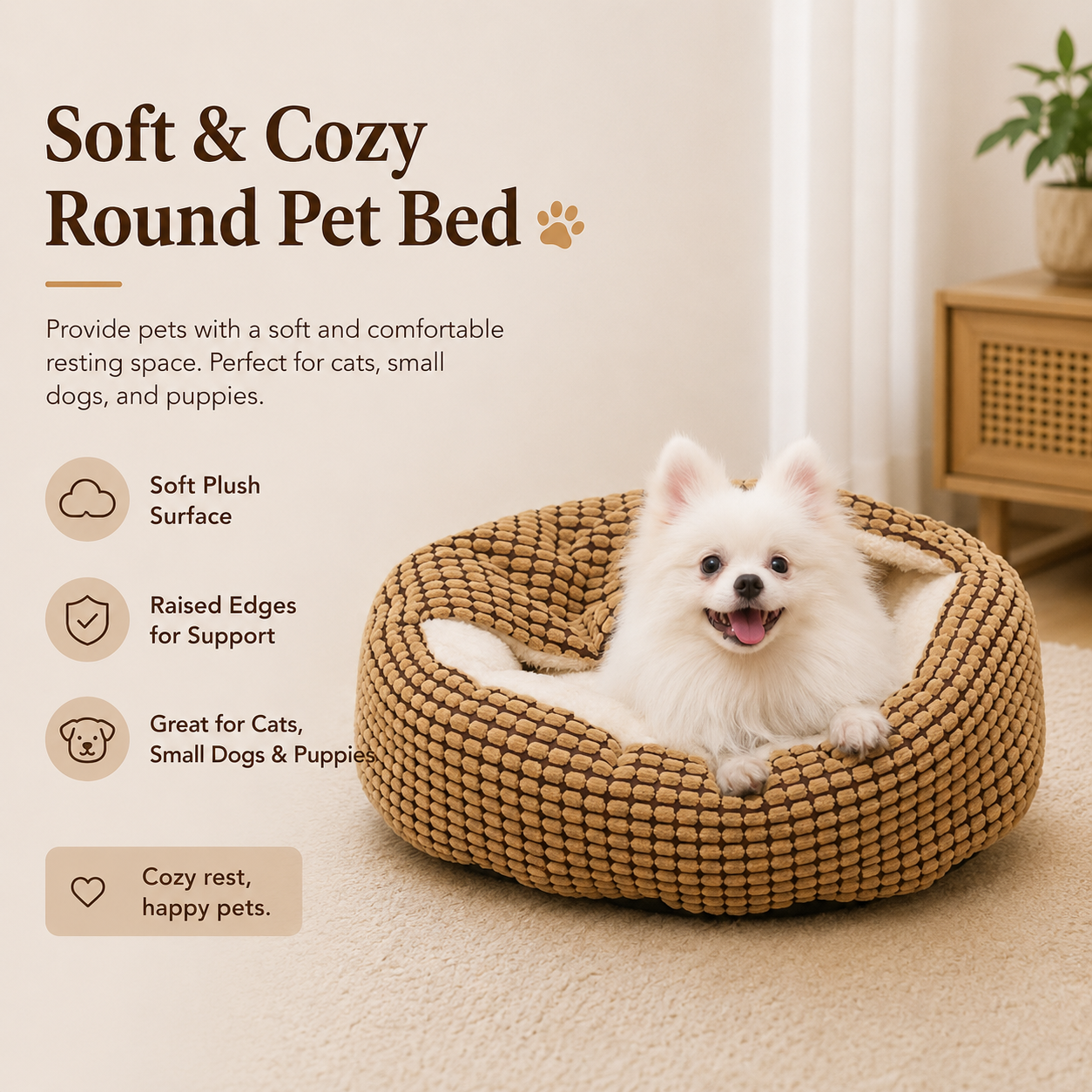 Soft Round Pet Cushion Bed for Cats and Dogs Plush Kennel Mat Multiple Sizes - Brown