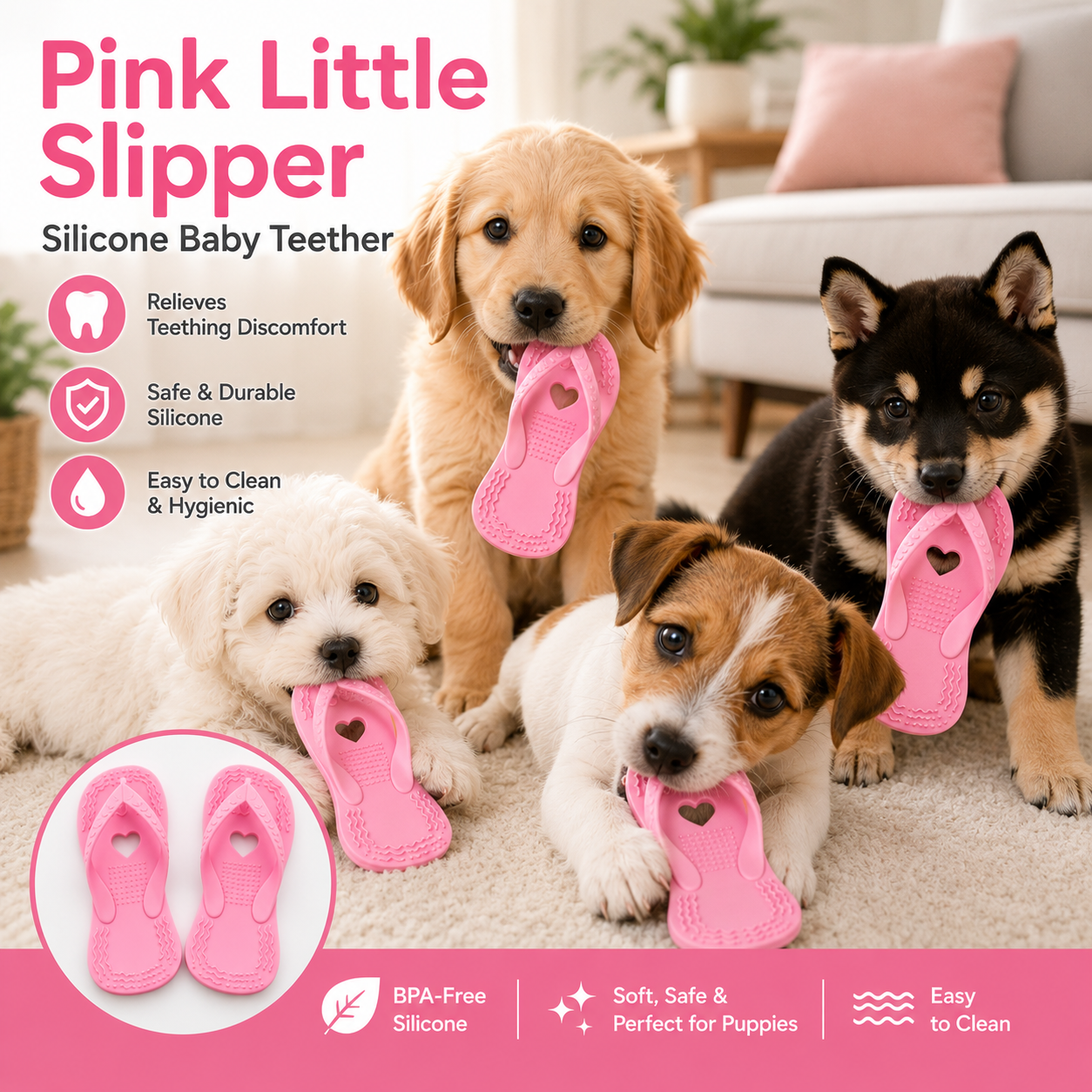Pink Slipper Design Rubber Play Toy for Puppies and Small Dogs